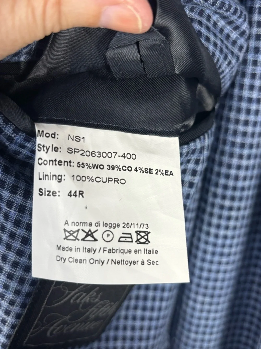 NWOT SAKS FIFTH AVENUE Men's Blue Micro-Check Suit Jacket & Trousers Size 44R